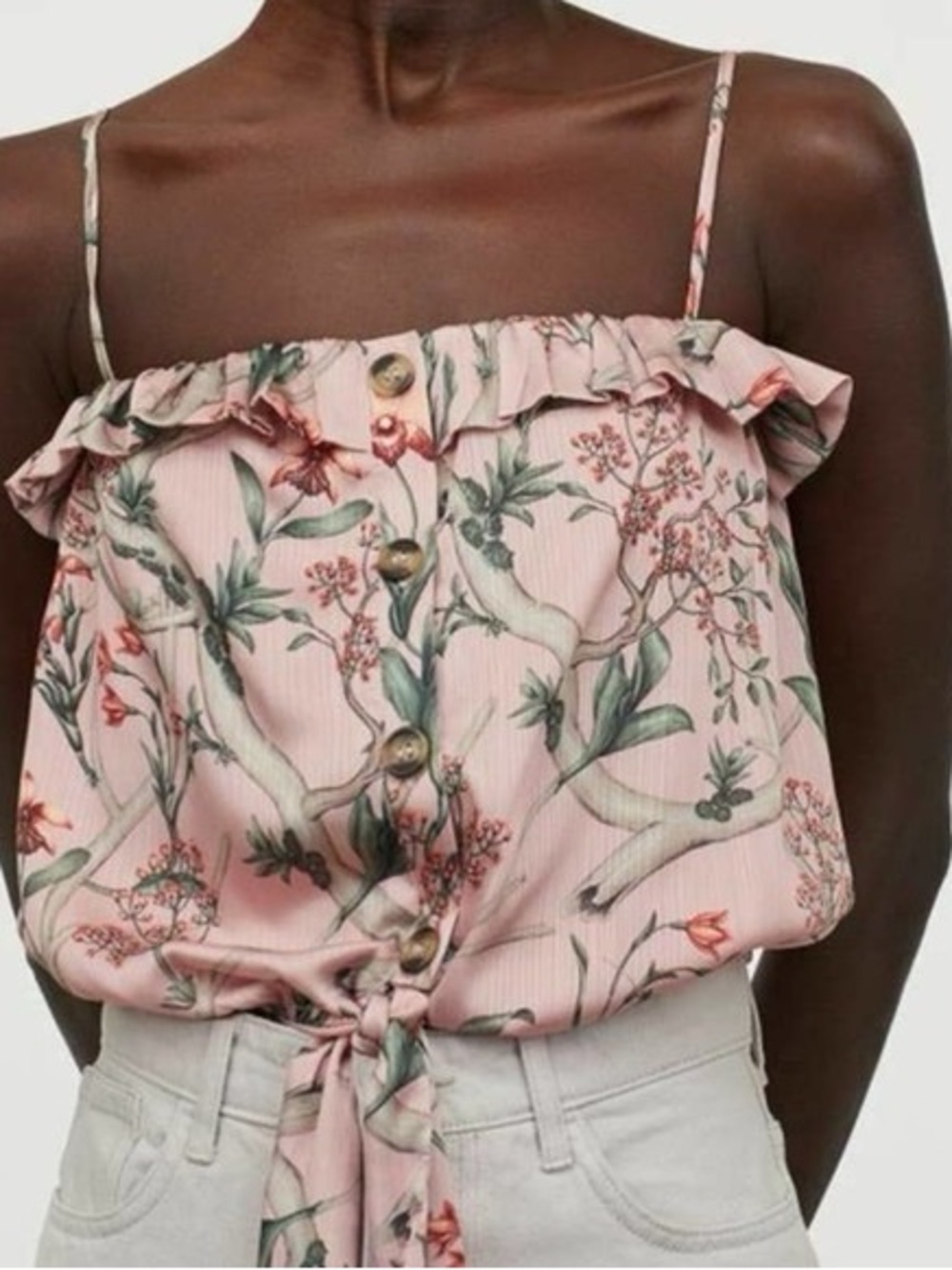 Johanna Ortiz x H&M Floral Ruffle Tie-Front Cami Top - Pink NWT